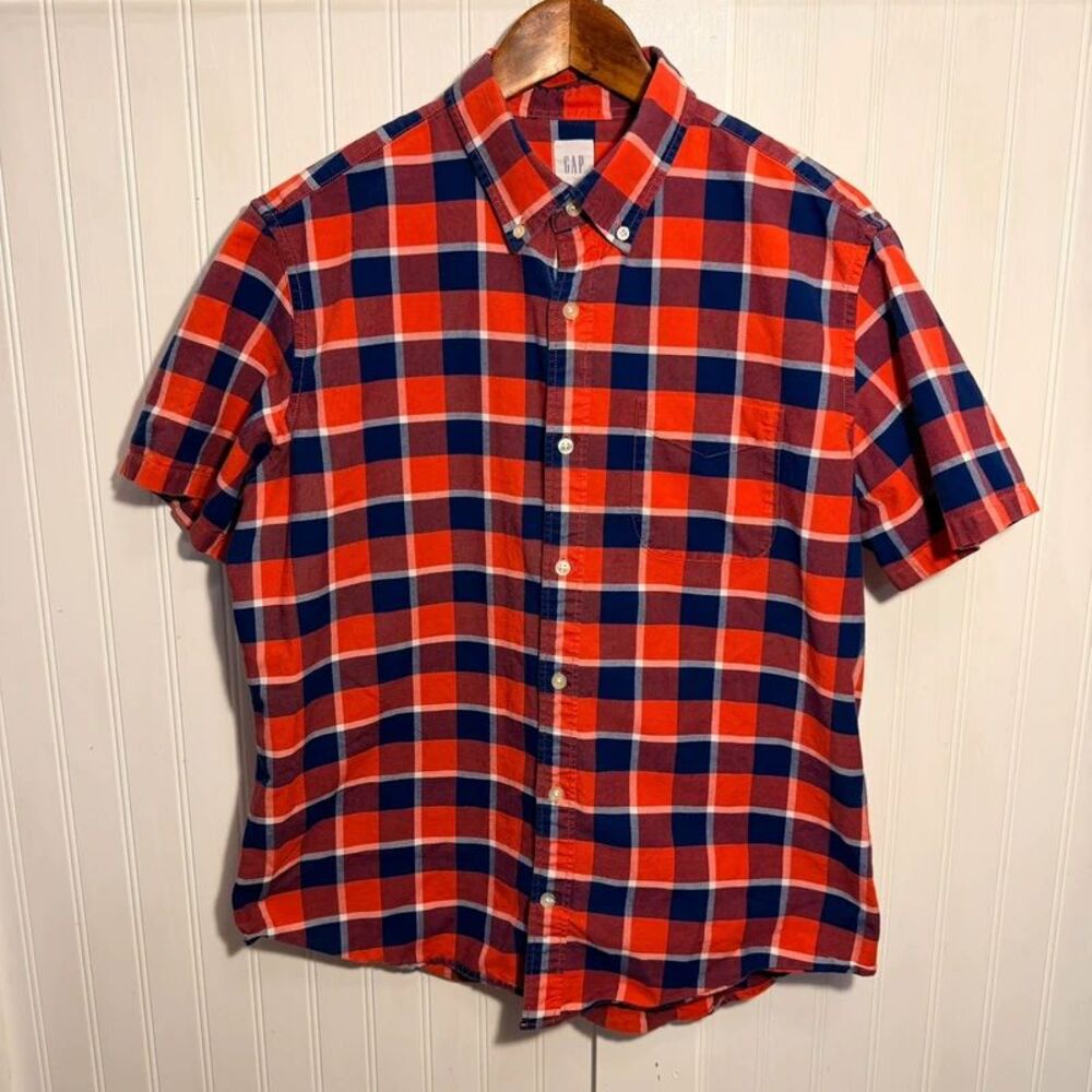 GAP Big Boys YL Red Navy Plaid Short Sleeved Buttonup cotton Preppy Classic